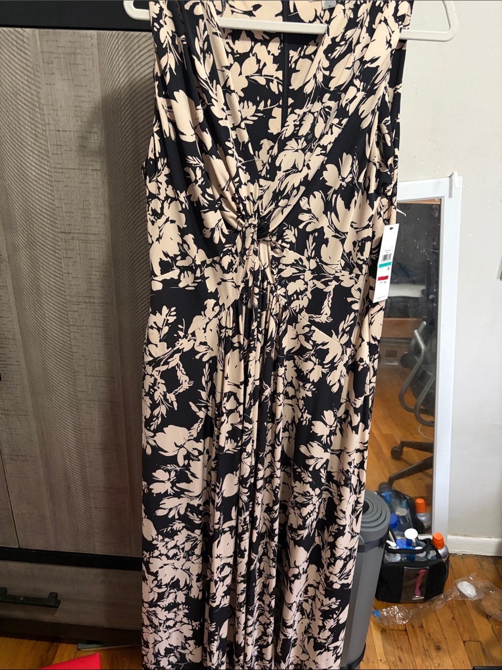 Calvin Klein Black and Beige Floral Knot-Front Maxi Dress